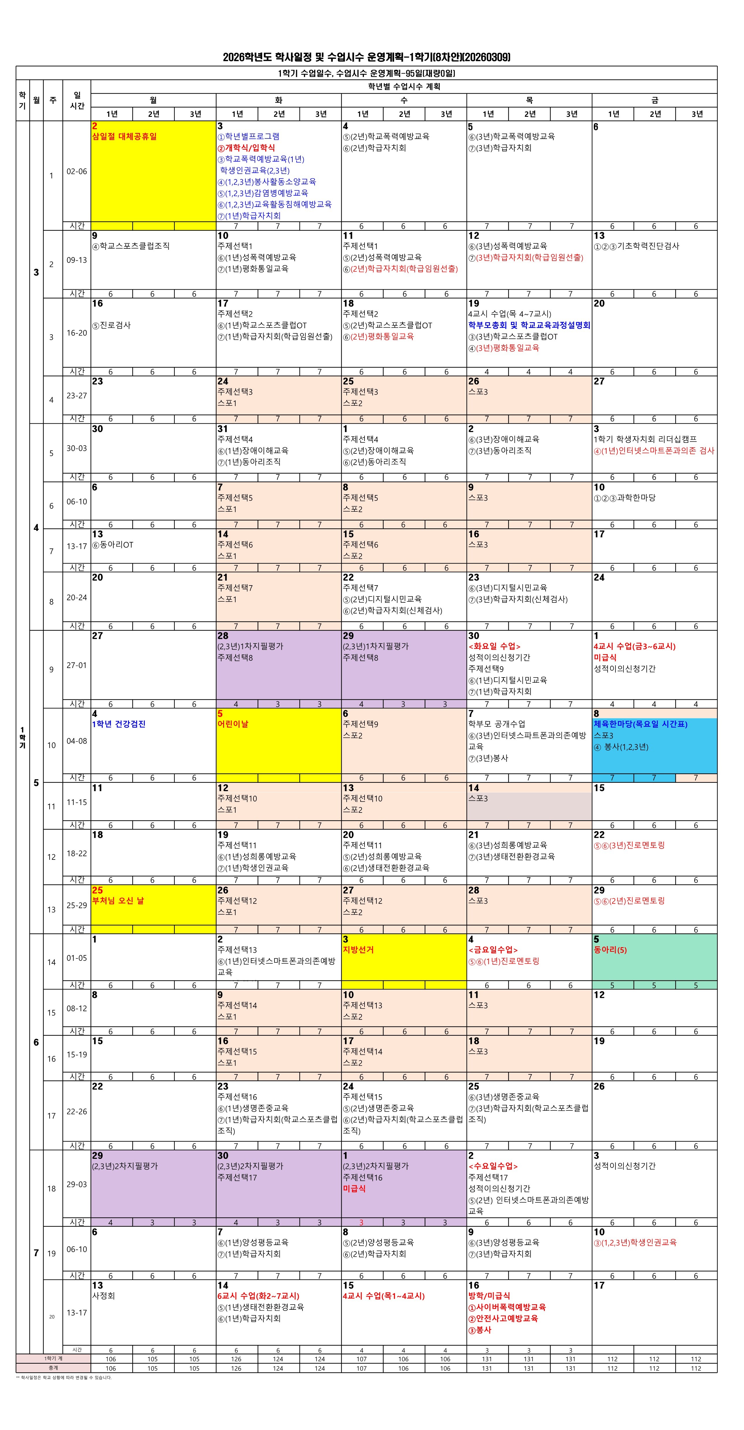 2026학년도 학사일정 및 수업시수 운영계획(1학기 재량0일, 2학기 재량1일)(8차)(수정)(260309)(게시용)_1